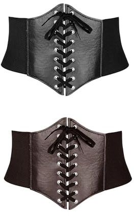 Jieddey Damkorsett, 2 st dam waspie korsett brett elastiskt bälte cinch retro bälte bunden waspie korsett vintage bälte pu-läder bandage klänning, Svart, M