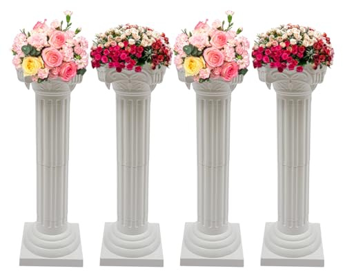 Gworobie 4Pcs Wedding Roman Column Pillars Set, Elegant White Wedding Event Decorative Roman Column Pedestal Plant Stand 34.65/ 88cm Tall Pillars Decoration Party Flower Pot Columns Decor