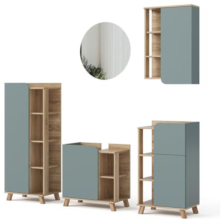 Vicco Set di mobili da bagno Karen, Sonoma/blu, 60 cm | composto da mobile lavabo, specchiera, armadietto, colonna e pensile