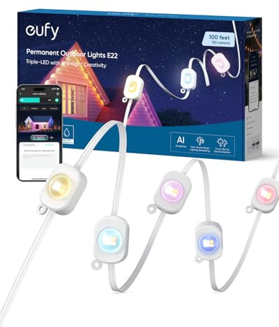 eufy Permanent Outdoor Light E22, 30m med 60 trippel LED, smarta RGBWW-lampor, vardag och helgdagar, upp till IP67 vattentät, AI-belysningsteman för jul, eufy kamerakompatibel, appkontroll