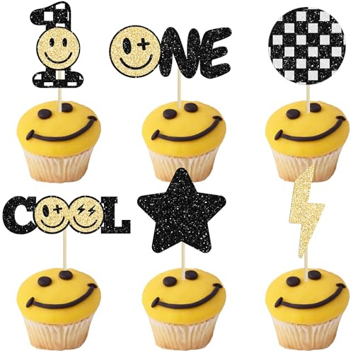Gyufise 24Pcs One Happy Dude 1st Birthday Cupcake Toppers One Happy Dude Birthday Decorations Groovy One Cool Dude Birthday Cupcake Picks for Preppy Y2k Theme Bachelorette Birthday Party Supplies
