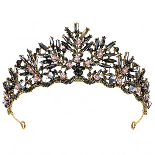 Healeved Vintage Barock Tiara Damen – Schwarze Kristallkrone für Hochzeit | Eleganter Brautschmuck mit Goldrahmen, verstellbarem Haarreif für Ball, Gothic Party, Kostüm und Fotoshooting