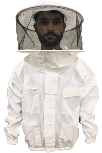 URBANSBEE Giacca da Apicoltura cotone professionale con rotondo Cappello Maschera Velo Beekeeping Jacket Apicoltore Camiciotto (Bianco Rotondo, XXXL)