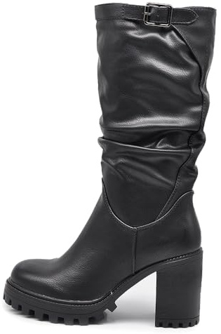 IF FASHION Stivali Arricciati Al Polpaccio da Donna In Pelle Sintetica Con Tacco Grosso Plateau Fibbia G693 nero N.41
