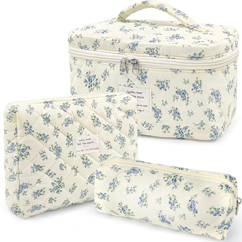 TOPALL Sminkväska, kosmetisk väska, blommig bomull quiltad makeupväska, klassisk toalettväska, kosmetisk väska, sminkväska för kvinnor flickor, 6-blå kalebassblomma (stor+medium+påse)