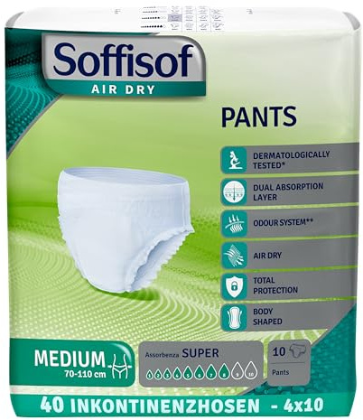 Soffisof Air Dry Pants Super M - 36x Pannoloni per Anziani a Mutandina - 4 Confezioni da 9 Mutande Assorbenti per Incontinenza Donna e Uomo - Pants Adulti 8 Gocce - Medium (70-110 cm)