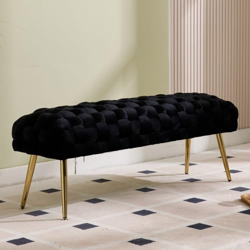 DAYALANE taburete de terciopelo con respaldo tapizado con patas de metal bañadas en oro banco tejido diseño dormitorio baúl para recibidor 120 cm, negro