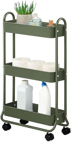 SunnyPoint Slim Rolling Storage Cart, 3 Tier Bathroom Storage Organizer Bathroom, Laundry Utility Cart (Army)