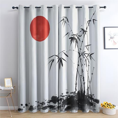 Luxfieo Japanischer Vorhänge Asiatische Tuschemalerei Vorhang Blickdicht Gardinen 200cm Lang Verdunklungsvorhänge mit Ösen Thermovorhang für Wohnzimmer Schlafzimmer Kinderzimmer Fenster Deko 2er Set Y