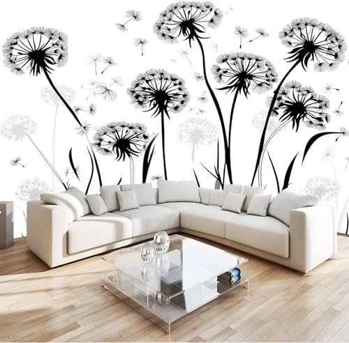 Papel pintado 300 x 210 cm Papel tapiz fotográfico Fotomurales Vista 3D Plantas: Dientes de león simples Oficina Lana Decoración De Pared Sala Cuarto En blanco y negro