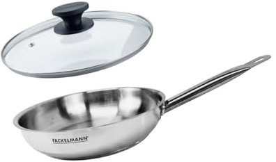 Fackelmann Poêle de Cuisson 28 cm Inox 18/8, Couvercle en Verre, Poêle Induction, Poêle Sans PFAS, Manche Riveté, 28 cm
