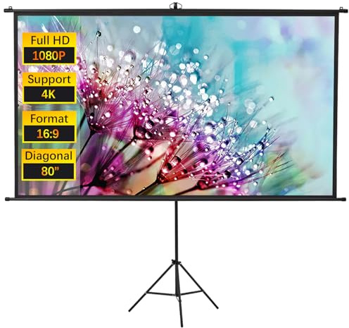 INMOZATA 80 inch Projector Screen and Stand/Wall/Ceiling Projection Screen Outdoor Indoor with 16:9 Ratio Matte White Screen & Ambient Light Rejecting Movie Screen for Garden Camping Home Theater