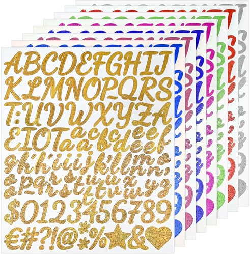 NISENTIA Buchstaben Aufkleber, 840 Stück/8 Blätter Klebebuchstaben Glänzende Bunt Vinyl Selbstklebende Nummern Buchstaben zum Aufkleben Klein Zahlen Aufkleber für Postfach Schilder DIY Scrapbooking