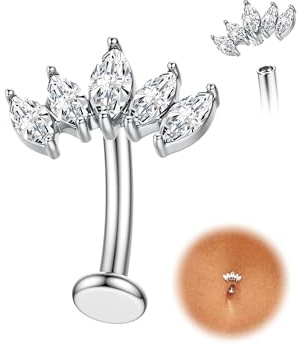 KRFY Piercing Ombelico Titanio 14G Piercing Ombelico Oro Argento Anallergico Navel Piercings Pendente Cuore Galleggiante Farfalla CZ Floating Navel Bijoux Corpo Piercings - Argento Fiore CZ 12MM