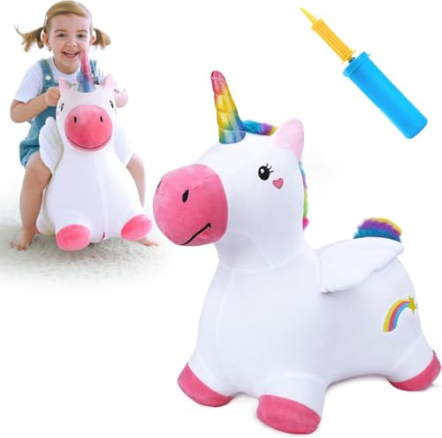 Tomatoys Unicorno Gonfiabile Saltellante per Bambini – Animale Cavalcabile con Rivestimento in Peluche, Giocattolo per Interno ed Esterno, Regalo Perfetto per Bimbi 18 Mesi - 4 Anni