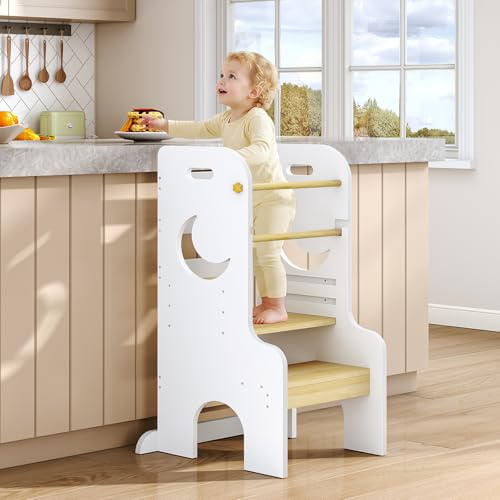 HOOBRO Torre di Apprendimento per Bambini, Sedia di Apprendimento Regolabile per Bambini, con Barra di Sicurezza e Piedini Antiscivolo, per Cucina e Bagno, Bianco e Bambù Naturale EWN90JD01