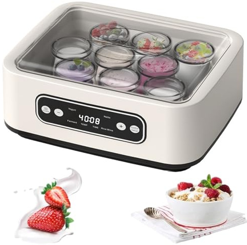 BoluDukNN Yogurtera,1600ml Temperatura Constante Yogurtera con 9 Tarros De Vidrio, Pantalla LED + Control De Tiempo,para Yogur, Queso, Vino De Frutas