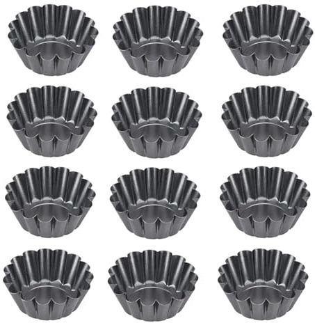 Molde para tartaletas de acero al carbono Moldes for mini tartaletas de acero al carbono, antiadherentes, con forma acanalada, ideales for muffins, cupcakes, tartas, postres y mousses(Black 12 Pieces)