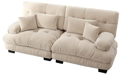 dowowdo Modulares Ecksofa 'Cloud' in Hellbraun | Chenille Bezug & Massivholz | Inklusive Hocker & 4 Kissen | Wohnlich & bequem