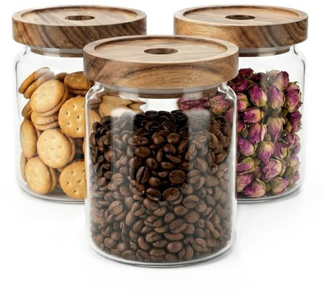 Woobroo 3 Pcs Glass Storage Jar Set with Sealed Wooden Lids - 450ml Stackable Food Storage Containers for Pasta, Coffee Bean, Cereal, Flour