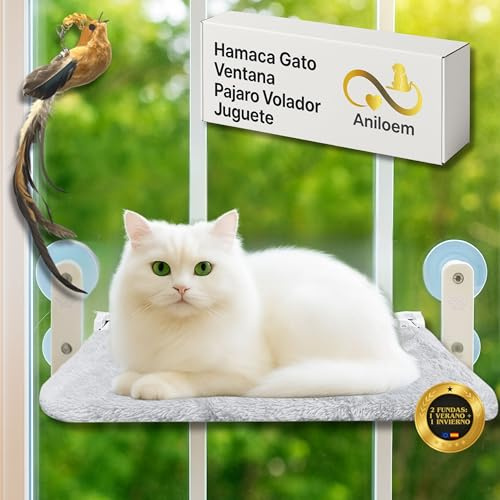 ANILOEM Super Pack Hamaca Gato Ventana (45x30cm) + Juguete Pajaro Volador para Gatos | Plegable, Lavable y Transpirable | Ventosas Reforzadas para Seguridad y Estabilidad hasta 18 kg | 2 Fundas