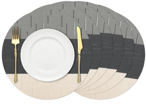 Chitomars Manteles Individuales Redondos Diámetro 38 cm, Juego de 6 PVC | Mantel Individual Lavables Salvamanteles Individuales Resistentes al Calor para Mesa de Cocina(Beige Negro, Juego de 6)