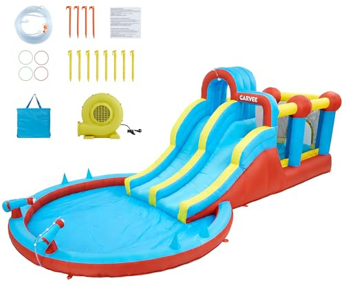 Castillo hinchable XXL con piscina, juegos hinchables con doble tobogán y soplador, tobogán piscina enterrada 711 x 314 x 220 cm, para fiestas de verano