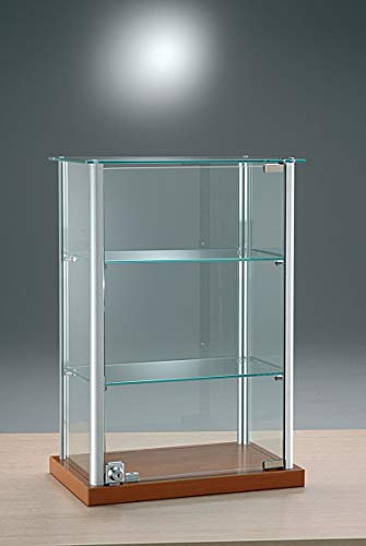 Kleine Aufsatzvitrine Glas T 25 x B 40 x H 60 cm - kirschfarbige Tischvitrine Alu abschließbar - schmale Glasvitrine ideal für Ausstellungen oder Messen - ohne Beleuchtung