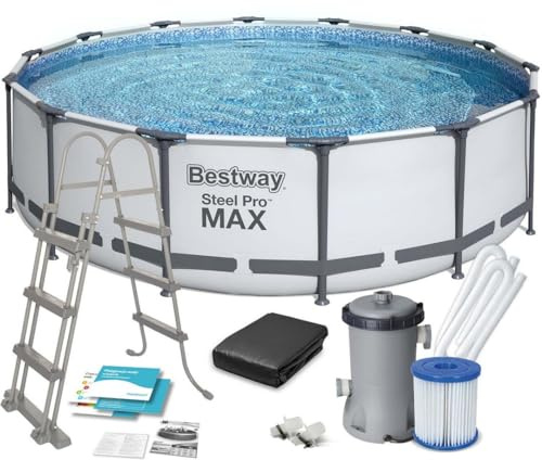 Bestway Steel Pro MAX Framepool - Piscina Redonda con Bomba de Filtro, Escalera de Seguridad y Cubierta (427 x 107 cm)