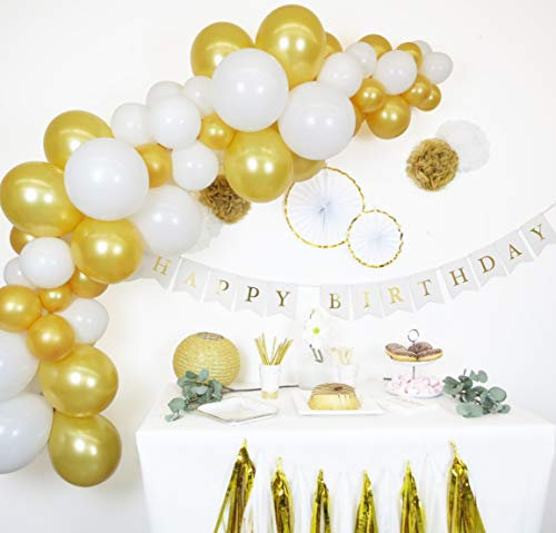 DECORAMI DIY Ballongirlanden-Kit In Gold Weiß, inklusive Ballonpumpe | Ballonbogen Kit, 2-4m, 70Stk. Naturlatexballons (30cm, 25cm, 15cm), biologisch abbaubar | mit Aufbauanleitung