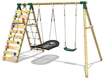 Rebo® Wooden Swing Set with Up and Over Climbing Wall - Sage Green | Kids Garden Furniture | OutdoorToys | Colourful Climbing Holds, Sturdy construction, Pressure Treated Timber