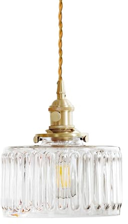 HJXDtech Industriell vintage rund ribbad glas pendellampa E27 mässingfinish retro loft bar flexibelt vridet par hängande taklampa Antik Klar