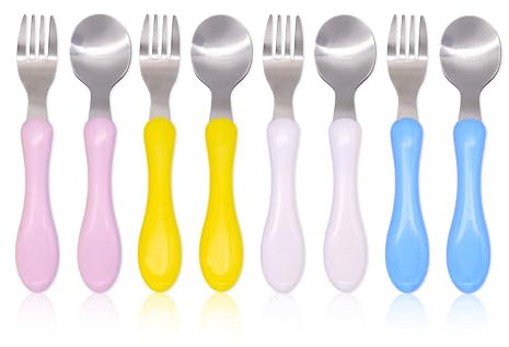 Bloomsworld 8 Kinderbesteckset für Kleinkinder, Kinderlöffel und -gabeln, Edelstahl Kinderbesteck, 4 Gabeln und 4 Löffel, selbstfütterndes Kinderbesteck für Jungen und Mädchen – Pastell