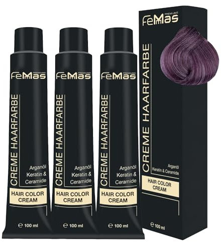 FemMas Tinte para el cabello metálico lila I crema profesional con brillo metálico para un aspecto moderno I aceite de argán nutritivo, queratina y ceramida I coloración o tinte permanente del