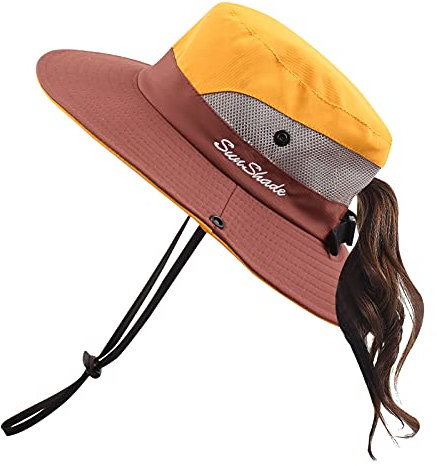 Pesaat Sonnenhut Damen UV Schutz Fischerhut knautschbarer Wasserfester Sommerhut mit Kinnband gartenhut Boonie hat damenfür Gartenarbeit Reisen Wandern Angeln (Gelb-Mehrfarbig, Gr.Erwachsener)