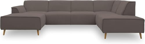 DOMO. collection Wohnlandschaft Jules FK, skandinavisches Sofa mit Federkern, Couch in U-Form mit Holzfüßen, 333 x 191 x 81 cm (BxTxH), Longchair links, braun (khaki)