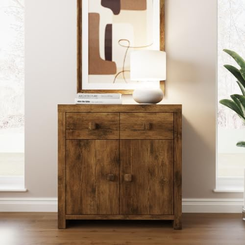 GFW Jakarta Compact Sideboard, Mango Wood Effect Storage Cabinet with 2 Doors and 2 Drawers, Modern Living Room Furniture