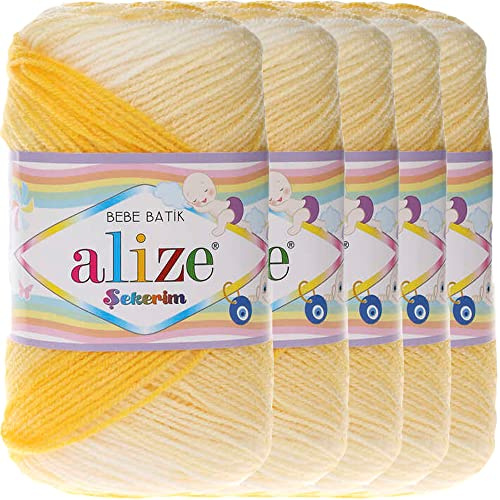 Hobby YARN 3x Etikettenlabel mit Alize Sekerim Bebe Batik Wolle Premium 5x100g als Set, Yarn, Garn, Strickgarn, Farbverlauf, Babywolle zum Häkeln, Stricken, Kleidung, Schals (6318)