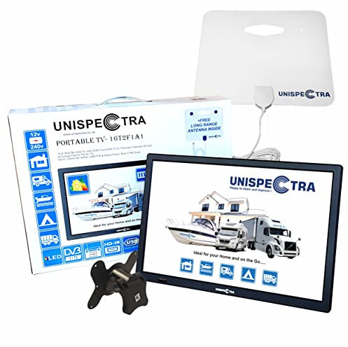 Unispectra® 16 Pollici 12V / 230V HD LED Digitale TV DVB-T/T2 (Visione gratuita) USB PVR & Media Player, FM, HDMI, 3.5mm AV IN/OUT Ideale per Casa, Camper, Barca, Campeggio, Camion