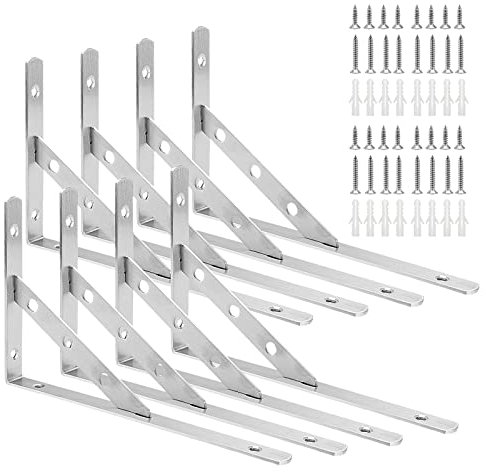 ZEONHEI 8 Stück 250 x 150 x 20 mm Regalhalter Schwerlastwinkel, 30kg Tragkraft Metall Edelstahl Regalwinkel, Regalhalterung Wand Regalträger mit Schrauben, 90 Grad Winkel Klammer für Küchen, Silber