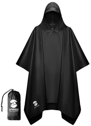 SaphiRose Hooded Rain Poncho Waterproof Raincoat Jacket for Men Women Adults (Black)