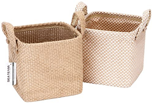 Sea Team Aufbewahrungskörbe Organizer Box Bins aus Jute- und Baumwollleinen Faltbar mit Griff Dekorativ für Haushaltswaren Schreibwaren Kleinigkeiten Spielzeug Jewerly Farbe Beige 17 * 17 * 17CM 2PCS