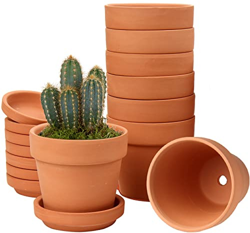Hollyone 8 stycken små terrakottakrukor, 10 x 10 cm rund blomkruka lera med underlägg och dräneringshål, liten blomkruka med bricka, terrakotta suckulenter krukor för inomhusväxter, keramik,