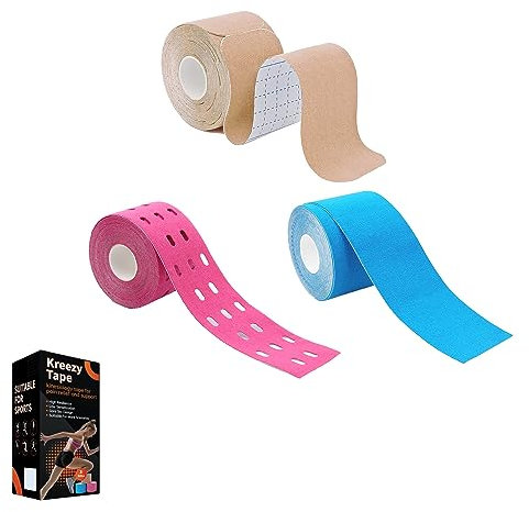 Kreezy Nastri sportivi impermeabili, 3 rotoli con 3 tipi, nastro kinesiologico traspirante per sollievo dal dolore muscolare e supporto articolare, progettato con materiali ipoallergenici