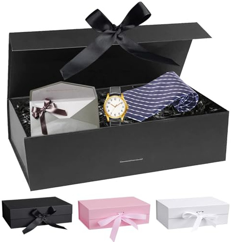 Geschenkbox mit Deckel, 21x17x7cm Schwarz Geschenkbox, Geschenk Box | mit Schleife, Magnetische Geschenkbox Geburtstag, Geschenkkarton, Geschenkverpackung für Hochzeit, Geburtstag, Weihnachten