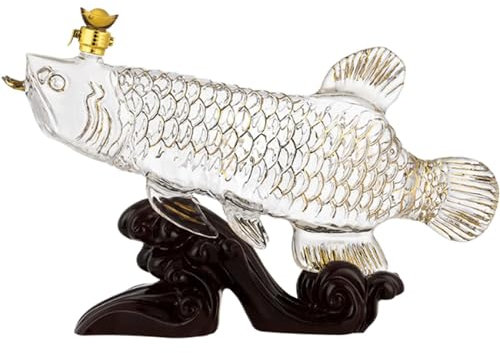 OATTIS Aérateur de vin Solide Transparent avec Support en Bois Imitation, Carafe en Verre de Cristal de 1300 ML, Distributeur de Liqueur en Forme de Poisson