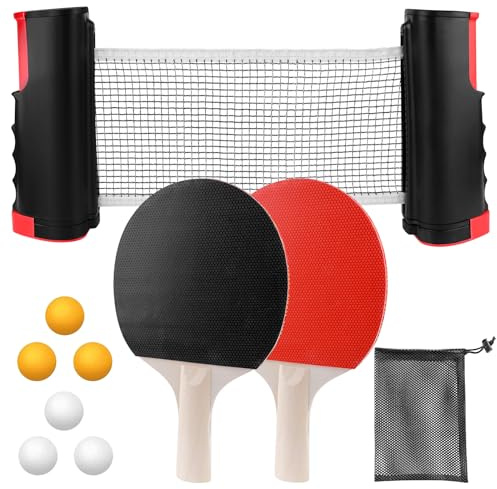 Tischtennisschläger Set, Tischtennis Set Profi mit 2 Tischtennis Schläger, 1 Einziehbarem Netz, 6 Tischtennis-Bälle und 1 Tragetasche,Professionelles Ping Pong Set für Indoor Outdoor Kinder Erwachsene
