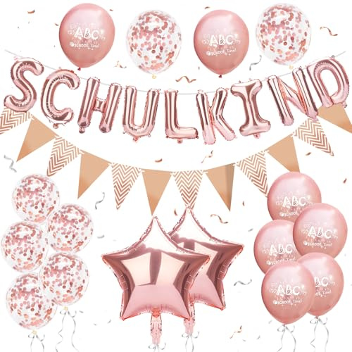 ALEGRE Einschulung Deko Luftballon Girlande Set,Deko Einschulung Junge Mädchen,ABC Zuckertüte Schultüte Jungen Dekoration, Schulanfang Deko,Luftballons Schulkind Rosegold, Schuleinführung Wimpelkette