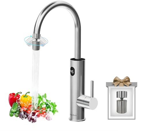 Briwellna Fast Heating Tap Water Heater, Stainless Electric Hot Water Tap with Digital Display, 360 Degree Rotate Cold and Universal Nozzle, Flexible and Convenient (Silver)