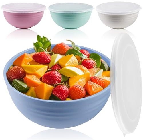 GOMETY 4 cuencos para ensalada con tapa, cuenco de plástico irrompible, cuenco para mezclar de plástico apto para alimentos, cuencos para cereales, fruta, sopa, cuenco con tapa, ligero y resistente a